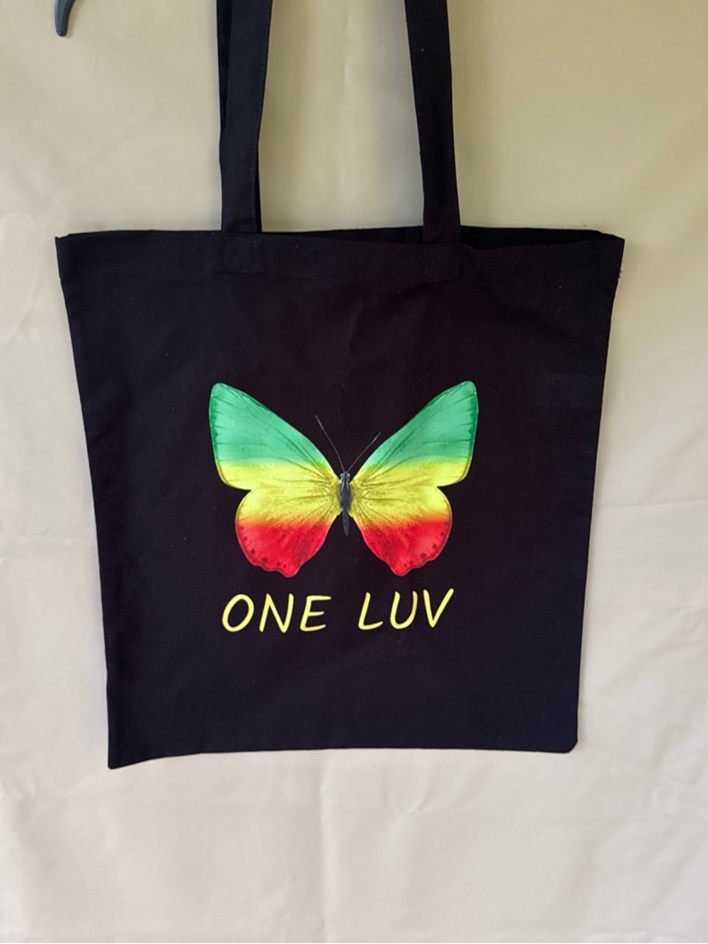 Black Tote Bag with Green-Yellow-Red Butterfly